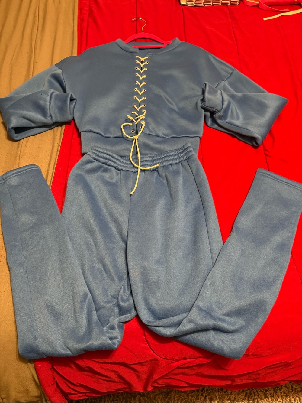 Lace-Up Cropped Sweatshirt & Joggers Set - Blue